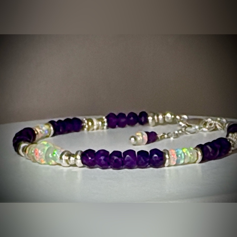 Amethyst and Welo Opal Gemstone Bracelet in Sterling Silver.